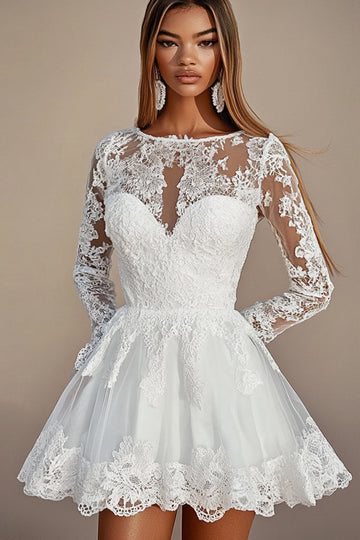 White Boat Neck Lace A Line Long Sleeves Short Graduation Dress